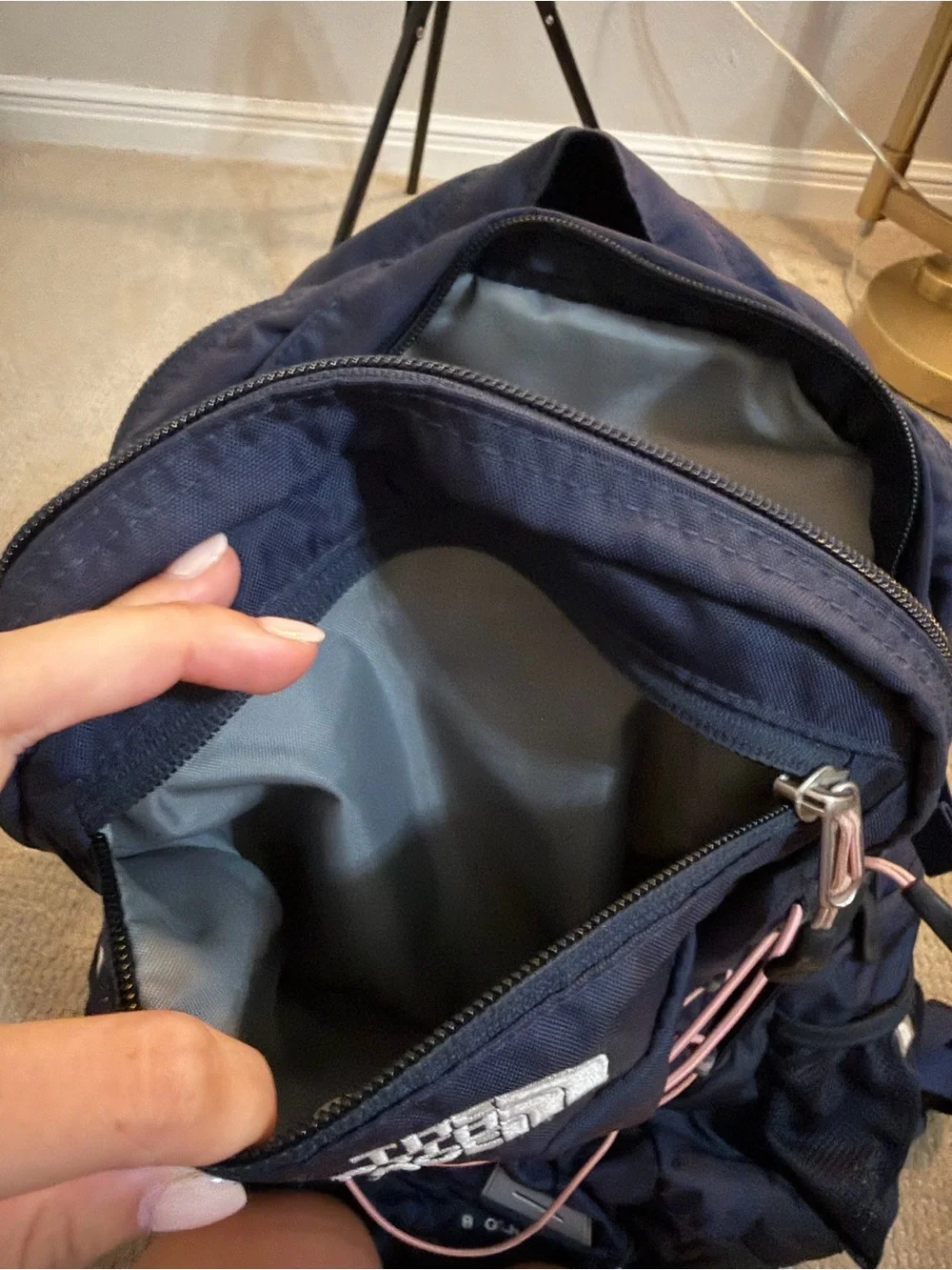 The North Face Navy Backpack with Pink Bungee Cord